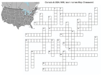 Canada USA:NHL team names Map Crossword by Northeast Education