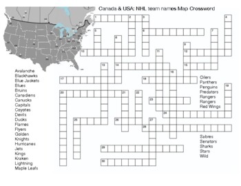 Canada USA:NHL team names Map Crossword by Northeast Education