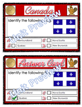 Preview of Canada Unit Quiz Flashcards with Answers 34 Cards. Province and Territories.
