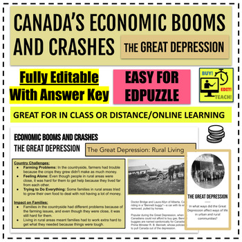 Preview of Canada's Economic Booms and Crashes- Great Depression (Editable/Answers)