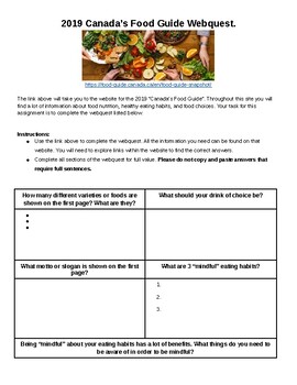 Preview of Family Studies / Health - Canada's Food Guide 2019 Web-Quest. (1-2 Classes.)