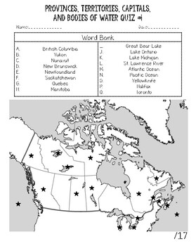 Preview of Canada's Provinces, Capitals, and Bodies of Water Quiz and Answer Key - FREEBIE
