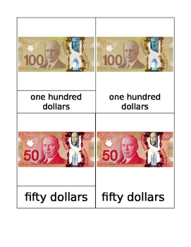 Preview of Canadian Bills Matching Cards Montessori