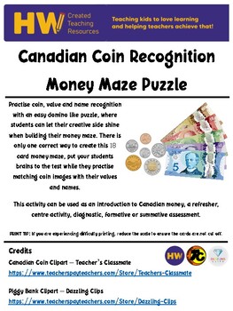 Canadian Coin Recognition Money Maze Puzzle by HW Created Teaching