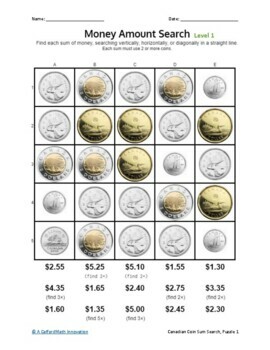 Preview of Canadian Coins Sum Search (Printable and Digitalized)