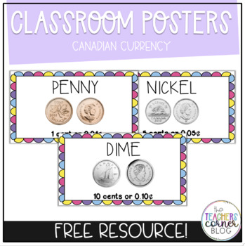 Preview of Canadian Currency Classroom Decor Posters  | Freebie | Printable