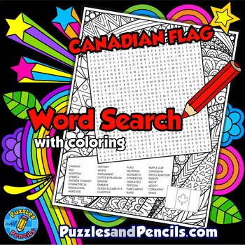 Preview of Canadian Flag Word Search Puzzle Activity Page with Coloring | History of Canada