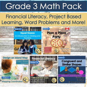 Preview of Canadian Grade 3 Math with Financial Literacy, PBL, Geometry and Word Problems