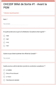 Preview of Canadian History - Confederation & Before World War 1 - Google Form - French