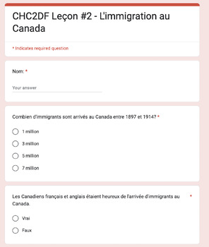 Preview of Canadian History - Immigration Before World War 1 - Google Form - French