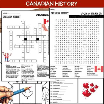 Preview of Canadian History WORKSHEETS Coloring Sheet, Word Scramble Crossword & Wordsearch