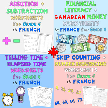 Preview of French Math Worksheet Bundle for Grade 4 - Canadian BC/Ontario Curriculum