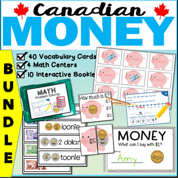 Preview of Canadian Money - Financial Literacy BUNDLE | Vocabulary + Centers + Booklets