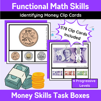 Preview of Canadian Money Identification Clip Card Bundle | Task Box | Spec Ed | K-2 Math
