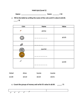 Preview of Canadian Money Math Quiz