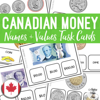 Preview of Canadian Money Names & Values Task Cards
