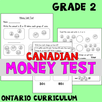Preview of Canadian Money Test for Grade 2 - Ontario Curriculum (Coins to 200c)