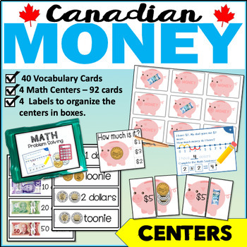 Preview of Canadian Money Unit | Financial Literacy | Math Centers and Vocabulary Cards