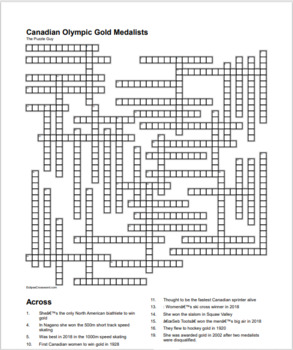 Canadian Olympic Gold Medalists Crossword by The Puzzle Guy TPT