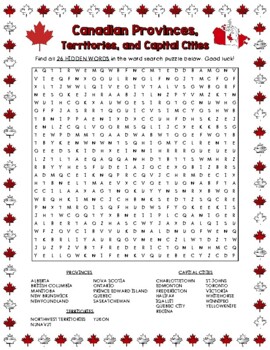 Canadian Provinces, Territories, and Capital Cities Word Search | TPT