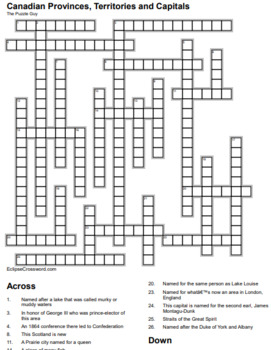 Canadian Provinces Territories and Capitals crossword by The Puzzle Guy