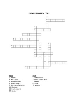 Canadian Provincial Capitals Crossword Puzzle by Amy s Educational