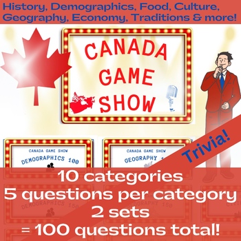 Preview of Canadian Trivia - Canada Game Show - 100 Question Cards with Answers total