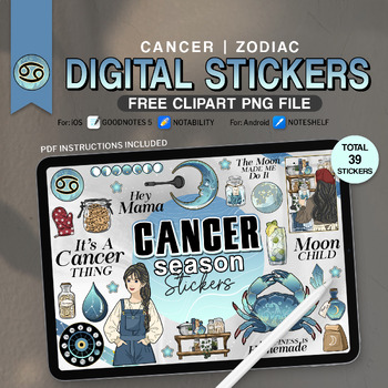 Preview of Cancer Season Digital Stickers, 39 PNG Funny Zodiac Signs, Astrology Sticker