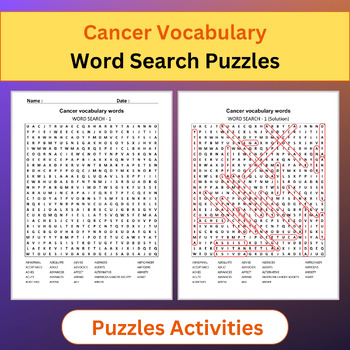 Preview of Cancer Vocabulary Words | Medical Terms | Word Search Puzzles Activities