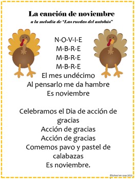 Preview of Cancion de noviembre - November Calendar Song, Spanish [Dual Immersion]