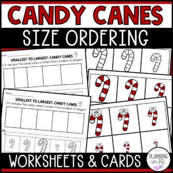 Preview of Candy Canes Size Ordering | Order by Size Christmas Math Centers | Cut and Glue