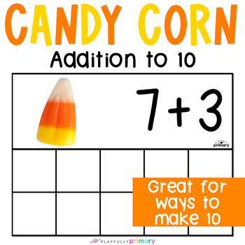 Preview of Candy Corn Addition to 10 Halloween Mini Eraser Math, Candy Corn Fact Family