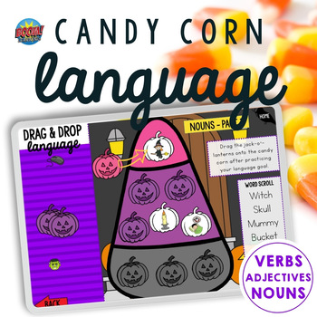 Preview of Candy Corn Boom Cards™ & Printable Language Worksheets Verbs Nouns & More