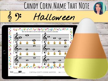 Preview of Candy Corn Code Words | Halloween Name that Note for Treble Clef & Bass Clef