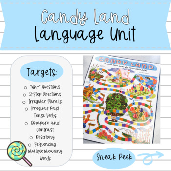 Preview of Candy Land Language Unit: Wh- Questions, 2-Step Directions, Grammar, & More