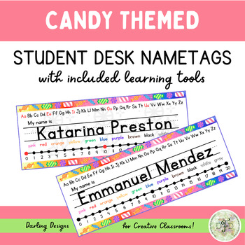 Preview of Candy Themed Student Desk Name Tags with Learning Tools