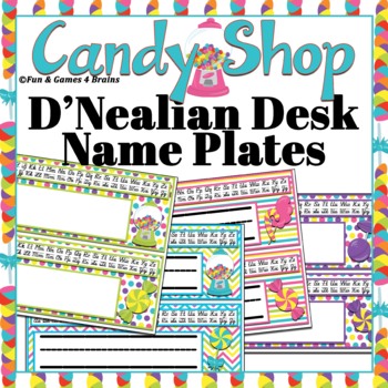 Preview of EDITABLE! Candy themed Desk Nameplates with cursive and print alphabet strips!