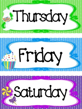 Candy themed Printable Days of the Week Classroom Bulletin Board Set.