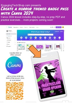 Preview of Canva 2024 Project - Horror Themed Badge Pass Lesson in PDF - learn Canva comple
