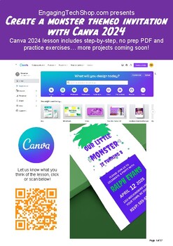 Preview of Canva 2024 Project - Monster Themed  Invitation PDF Lesson
