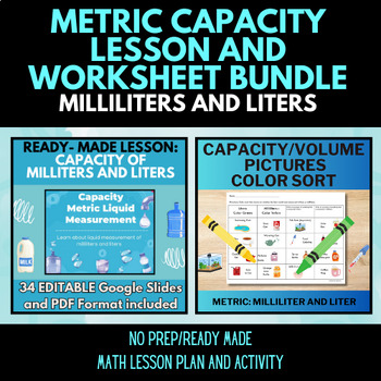 Preview of Capacity Metric Lesson and Worksheet, Liters and Milliliters Liquid Measurement