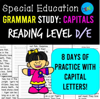 Preview of Capital Letters Worksheet Bundle: Special Education Grammar Reading Level D/E