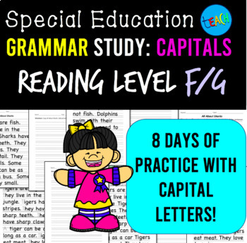 Preview of Capital Letters Worksheet Bundle: Special Education Grammar Reading Level F/G