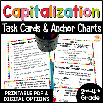 Preview of Capitalization Practice Activities Task Cards Anchor Charts 2nd, 3rd, 4th Grade