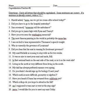 Preview of Capitalization Practice Worksheets 1-3 (60 total sentences to correct)