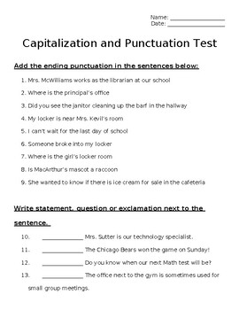 Preview of Capitalization & Punctuation Test ( EDITABLE)