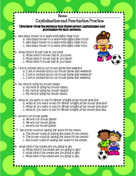 Preview of Capitalization & Punctuation Worksheets Soccer Themed