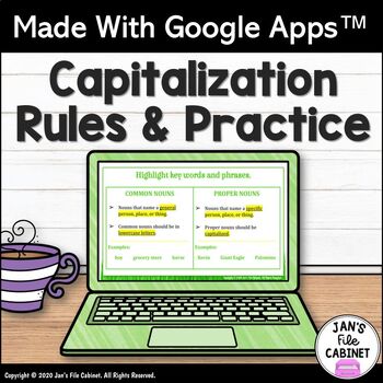 Preview of Capitalization Rules Lesson, Practice and Quiz GRADES 5-8 Google Apps Activities
