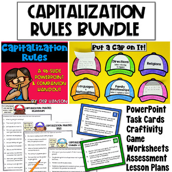 Preview of Capitalization Rules Practice Bundle: Worksheets, Task Cards, PowerPoint, Craft