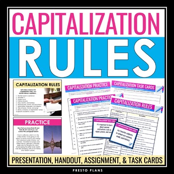 Preview of Capitalization Rules Presentation, Practice Assignments, and Task Cards Activity